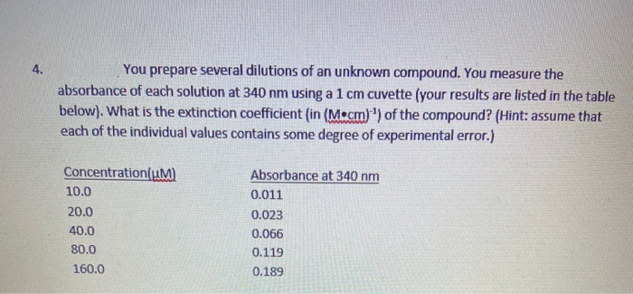 4.
You prepare several dilutions of an unknown compound. You measure the
absorbance of each solution at 340 nm using a 1 cm cuvette (your results are listed in the table
below). What is the extinction coefficient (in (M•cm)') of the compound? (Hint: assume that
each of the individual values contains some degree of experimental error.)
Concentration(uM)
Absorbance at 340 nm
10.0
0.011
20.0
0.023
40.0
0.066
80.0
0.119
160.0
0.189

