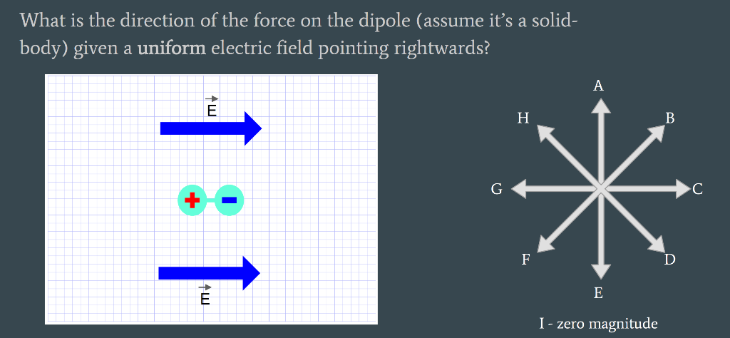 What is the direction of the force on the dipole (assume it's a solid-
body) given a uniform electric field pointing rightwards?
→
E
4w
E
H
F
A
E
I - zero magnitude
B
D
C