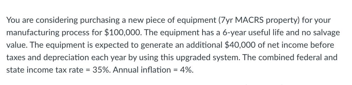 You are considering purchasing a new piece of equipment (7yr MACRS property) for your
manufacturing process for $100,000. The equipment has a 6-year useful life and no salvage
value. The equipment is expected to generate an additional $40,000 of net income before
taxes and depreciation each year by using this upgraded system. The combined federal and
state income tax rate = 35%. Annual inflation = 4%.
