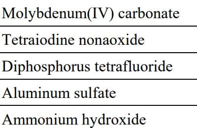 Molybdenum(IV) carbonate
Tetraiodine nonaoxide
Diphosphorus tetrafluoride
Aluminum sulfate
Ammonium hydroxide