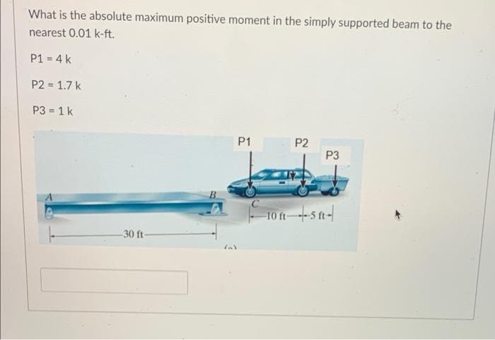 What is the absolute maximum positive moment in the simply supported beam to the
nearest 0.01 k-ft.
P1 = 4 k
P2 1.7 k
P3 = 1 k
P1
P2
P3
-10 ft-sn-
-30 ft
