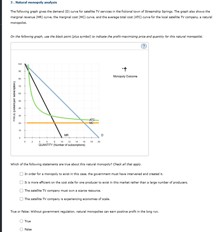 3. Natural monopoly analysis
The following graph gives the demand (D) curve for satellite TV services in the fictional town of Streamship Springs. The graph also shows the
marginal revenue (MR) curve, the marginal cost (MC) curve, and the average total cost (ATC) curve for the local satellite TV company, a natural
monopolist.
On the following graph, use the black point (plus symbol) to indicate the profit-maximizing price and quantity for this natural monopolist.
PRICE (Dollars per subscription)
100
90
80
70
60
50
40
30
20
10
0
0
2
4
MR
True
10 12 14
QUANTITY (Number of subscriptions)
16
False
ATC
MC
18 20
D
Which of the following statements are true about this natural monopoly? Check all that apply.
Monopoly Outcome
In order for a monopoly to exist in this case, the government must have intervened and created it.
It is more efficient on the cost side for one producer to exist in this market rather than a large number of producers.
The satellite TV company must own a scarce resource.
The satellite TV company is experiencing economies of scale.
True or False: Without government regulation, natural monopolies can earn positive profit in the long run.