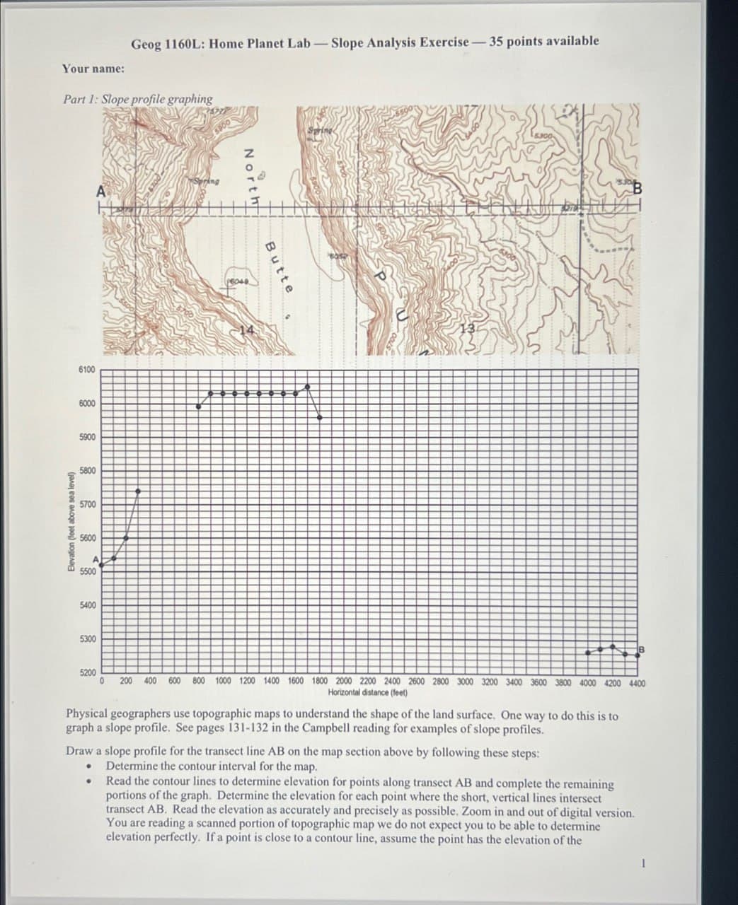 Elevation (feet above sea level)
Geog 1160L: Home Planet Lab
Slope Analysis Exercise-35 points available
Your name:
Part 1: Slope profile graphing
6100
6000
5900
5800
5700
5600
5500
5400
5300
A
5000
Butte
5200
0 200 400 600 800 1000 1200 1400 1600 1800 2000 2200 2400 2600 2800 3000 3200 3400 3600 3800 4000 4200 4400
Horizontal distance (feet)
Physical geographers use topographic maps to understand the shape of the land surface. One way to do this is to
graph a slope profile. See pages 131-132 in the Campbell reading for examples of slope profiles.
Draw a slope profile for the transect line AB on the map section above by following these steps:
• Determine the contour interval for the map.
• Read the contour lines to determine elevation for points along transect AB and complete the remaining
portions of the graph. Determine the elevation for each point where the short, vertical lines intersect
transect AB. Read the elevation as accurately and precisely as possible. Zoom in and out of digital version.
You are reading a scanned portion of topographic map we do not expect you to be able to determine
elevation perfectly. If a point is close to a contour line, assume the point has the elevation of the
1