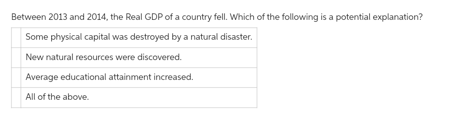 Between 2013 and 2014, the Real GDP of a country fell. Which of the following is a potential explanation?
Some physical capital was destroyed by a natural disaster.
New natural resources were discovered.
Average educational attainment increased.
All of the above.