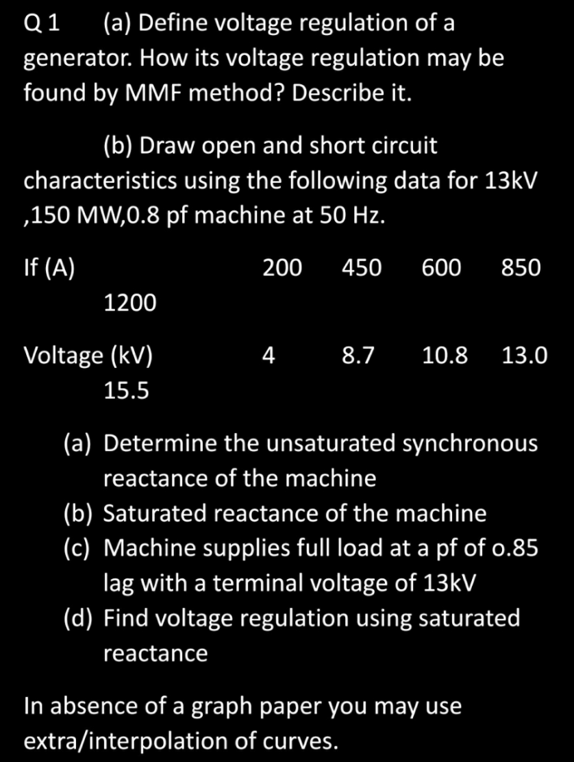 Q1
(a) Define voltage regulation of a
generator. How its voltage regulation may be
found by MMF method? Describe it.
(b) Draw open and short circuit
characteristics using the following data for 13kV
,150 MW,0.8 pf machine at 50 Hz.
If (A)
200
450
600
850
1200
Voltage (kV)
4 8.7
10.8
13.0
15.5
(a) Determine the unsaturated synchronous
reactance of the machine
(b) Saturated reactance of the machine
(c) Machine supplies full load at a pf of o.85
lag with a terminal voltage of 13kV
(d) Find voltage regulation using saturated
reactance
In absence of a graph paper you may use
extra/interpolation of curves.
