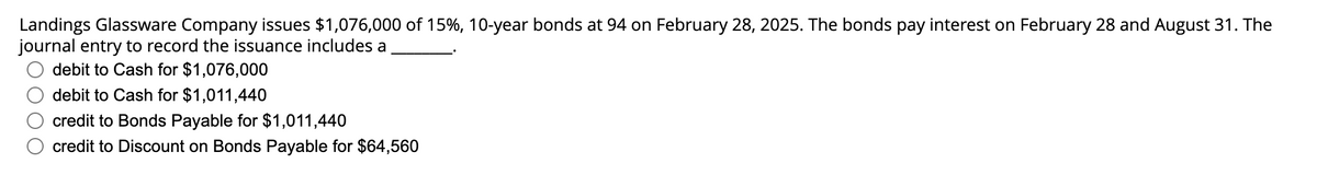 Landings Glassware Company issues $1,076,000 of 15%, 10-year bonds at 94 on February 28, 2025. The bonds pay interest on February 28 and August 31. The
journal entry to record the issuance includes a
debit to Cash for $1,076,000
debit to Cash for $1,011,440
credit to Bonds Payable for $1,011,440
credit to Discount on Bonds Payable for $64,560