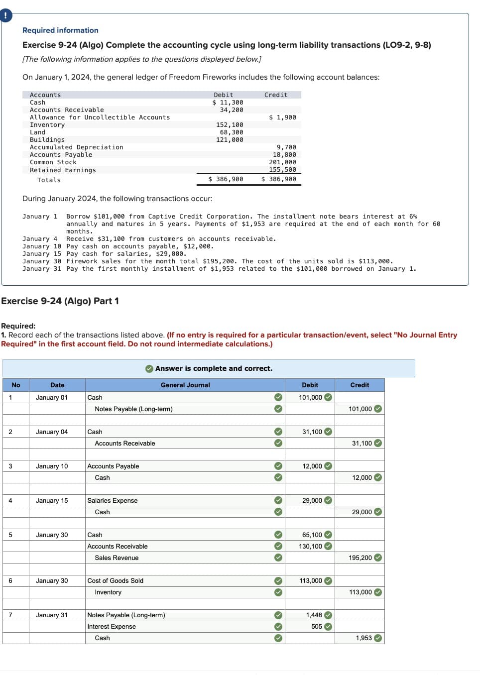 !
Required information
Exercise 9-24 (Algo) Complete the accounting cycle using long-term liability transactions (LO9-2, 9-8)
[The following information applies to the questions displayed below.]
On January 1, 2024, the general ledger of Freedom Fireworks includes the following account balances:
Accounts
Cash
Accounts Receivable
Allowance for Uncollectible Accounts
Inventory
Land
Buildings
Accumulated Depreciation
Accounts Payable
Common Stock
Retained Earnings
Totals
Debit
$ 11,300
34,200
Credit
$ 1,900
152,100
68,300
121,000
9,700
18,800
201,000
155,500
$ 386,900
$ 386,900
During January 2024, the following transactions occur:
January 1 Borrow $101,000 from Captive Credit Corporation. The installment note bears interest at 6%
annually and matures in 5 years. Payments of $1,953 are required at the end of each month for 60
months.
January 4
January 10 Pay cash on accounts payable, $12,000.
Receive $31,100 from customers on accounts receivable.
January 15 Pay cash for salaries, $29,000.
January 30 Firework sales for the month total $195,200. The cost of the units sold is $113,000.
January 31 Pay the first monthly installment of $1,953 related to the $101,000 borrowed on January 1.
Exercise 9-24 (Algo) Part 1
Required:
1. Record each of the transactions listed above. (If no entry is required for a particular transaction/event, select "No Journal Entry
Required" in the first account field. Do not round intermediate calculations.)
Answer is complete and correct.
General Journal
Debit
Credit
101,000
101,000
No
1
Date
January 01
Cash
Notes Payable (Long-term)
2
January 04
Cash
Accounts Receivable
3
January 10
Accounts Payable
Cash
31,100
31,100
12,000
12,000
4
January 15
Salaries Expense
Cash
29,000
29,000
5
January 30
Cash
65,100
Accounts Receivable
130,100
Sales Revenue
195,200
6
January 30
Cost of Goods Sold
Inventory
113,000
113,000
7
January 31
Notes Payable (Long-term)
1,448
Interest Expense
505
Cash
1,953