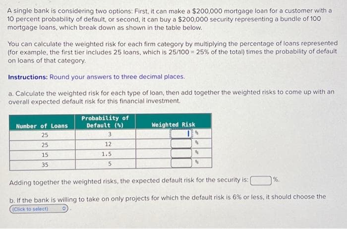 A single bank is considering two options: First, it can make a $200,000 mortgage loan for a customer with a
10 percent probability of default, or second, it can buy a $200,000 security representing a bundle of 100
mortgage loans, which break down as shown in the table below.
You can calculate the weighted risk for each firm category by multiplying the percentage of loans represented
(for example, the first tier includes 25 loans, which is 25/100 = 25% of the total) times the probability of default
on loans of that category.
Instructions: Round your answers to three decimal places.
a. Calculate the weighted risk for each type of loan, then add together the weighted risks to come up with an
overall expected default risk for this financial investment.
Number of Loans
25
25
15
35
Probability of
Default (%)
3
12
1.5
5
Weighted Risk
%
8
%
1%.
Adding together the weighted risks, the expected default risk for the security is:
b. If the bank is willing to take on only projects for which the default risk is 6% or less, it should choose the
(Click to select)