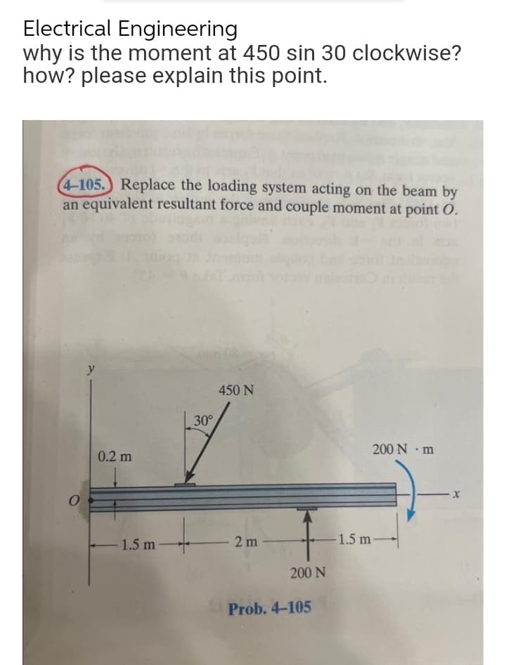 Electrical Engineering
why is the moment at 450 sin 30 clockwise?
how? please explain this point.
(4-105.) Replace the loading system acting on the beam by
an equivalent resultant force and couple moment at point O.
w
0.2 m
1.5 m-
30°
450 N
2 m
200 N
Prob. 4-105
200 N·m
-1.5 m-
-X