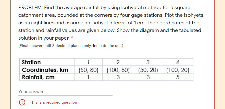 PROBLEM: Find the average rainfall by using Isohyetal method for a square
catchment area, bounded at the corners by four gage stations. Plot the isohyets
as straight lines and assume an isohyet interval of 1 cm. The coordinates of the
station and rainfall values are given below. Show the diagram and the tabulated
solution in your paper.
(Final answer until 3-decimal places only. Indicate the unit)
Station
1
2
3
4
(50, 80) (100, 80) (50, 20)
(100, 20)
Coordinates, km
Rainfall, cm
1
3
3
Your answer
This is a required question
