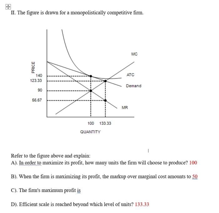 II. The figure is drawn for a monopolistically competitive firm.
PRICE
140
123.33
90
56.67
100 133.33
QUANTITY
MC
ATC
Demand
MR
Refer to the figure above and explain:
A). In order to maximize its profit, how many units the firm will choose to produce? 100
B). When the firm is maximizing its profit, the markup over marginal cost amounts to 50
C). The firm's maximum profit is
D). Efficient scale is reached beyond which level of units? 133.33