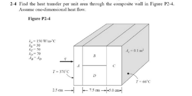 2-4 Find the heat transfer per unit area through the composite wall in Figure P2-4.
Assume one-dimensional heat flow.
Figure P2-4
k-150 W/m-'C
kg-30
ke-50
kD=70
T=370°C
B
D
2.5 cm 7.5 cm-5.0 cm-
4= 0.1 m²
T = 66°C
