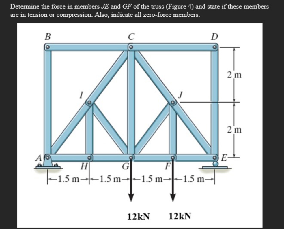 Determine the force in members JE and GF of the truss (Figure 4) and state if these members
are in tension or compression. Also, indicate all zero-force members.
B
C
D
2 m
2 m
E-
H
–1.5 m––1.5 m-–1.5 m--1.5 m-|
F
12kN
12kN
