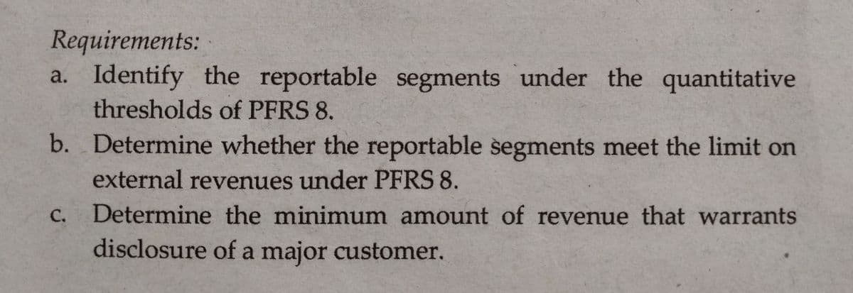 Requirements:
a. Identify the reportable segments under the quantitative
thresholds of PFRS 8.
b. Determine whether the reportable segments meet the limit on
external revenues under PFRS 8.
Determine the minimum amount of revenue that warrants
C.
disclosure of a major customer.
