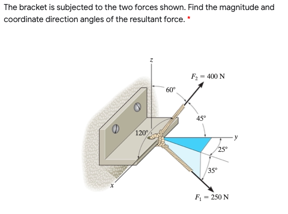 The bracket is subjected to the two forces shown. Find the magnitude and
coordinate direction angles of the resultant force. *
F2 = 400 N
60°
45°
120°
25°
35°
F = 250 N
