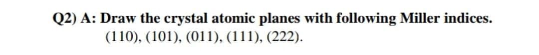 Q2) A: Draw the crystal atomic planes with following Miller indices.
(110), (101), (011), (111), (222).
