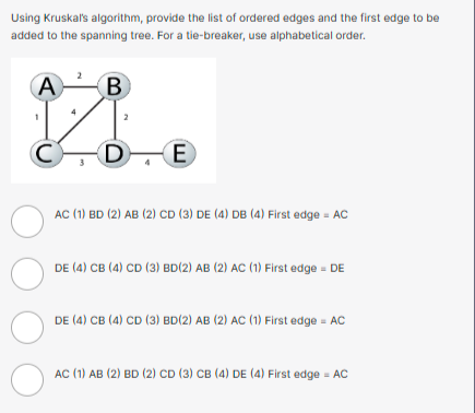 Using Kruskal's algorithm, provide the list of ordered edges and the first edge to be
added to the spanning tree. For a tie-breaker, use alphabetical order.
A
C
O
O
O
2
B
2
D
E
AC (1) BD (2) AB (2) CD (3) DE (4) DB (4) First edge - AC
DE (4) CB (4) CD (3) BD(2) AB (2) AC (1) First edge - DE
DE (4) CB (4) CD (3) BD(2) AB (2) AC (1) First edge - AC
AC (1) AB (2) BD (2) CD (3) CB (4) DE (4) First edge - AC