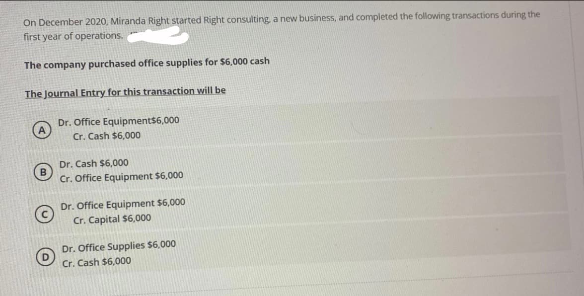 On December 2020, Miranda Right started Right consulting, a new business, and completed the following transactions during the
first year of operations.
The company purchased office supplies for $6,000 cash
The Journal Entry for this transaction will be
Dr. Office Equipment$6,000
Cr. Cash $6,000
Dr. Cash $6,000
Cr. Office Equipment $6,000
Dr. Office Equipment $6,000
Cr. Capital $6,000
Dr. Office Supplies $6,000
Cr. Cash $6,000
