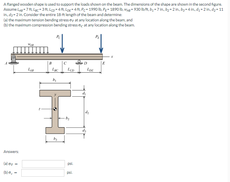 A flanged wooden shape is used to support the loads shown on the beam. The dimensions of the shape are shown in the second figure.
Assume LAB = 7 ft. LBc = 3 ft, LcD=4 ft. LDE = 4 ft. Pc 1990 lb, PE = 1890 lb, WAB = 930 lb/ft, b₂ = 7 in., b₂ = 2 in., b3=4 in., d₁ = 2 in., d₂ = 11
in., d3 = 2 in. Consider the entire 18-ft length of the beam and determine:
(a) the maximum tension bending stress 07 at any location along the beam, and
(b) the maximum compression bending stress o at any location along the beam.
PE
ad
WAB
B
LAB
Answers:
(a) OT
=
(b) o =
Pc
LBC
b₁
C
4
b3
LCD
-b₂
psi.
psi.
D
d₁
LDE
d₂
d3
E