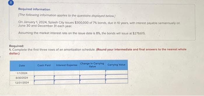 Required information
[The following information applies to the questions displayed below.)
On January 1, 2024, Splash City issues $300,000 of 7% bonds, due in 10 years, with interest payable semiannually on
June 30 and December 31 each year.
Assuming the market interest rate on the issue date is 8%, the bonds will issue at $279,615.
Required:
1. Complete the first three rows of an amortization schedule. (Round your intermediate and final answers to the nearest whole
dollar.)
Cash Paid Interest Expense Change in Carrying Carrying Value
Date
Value
1/1/2024
6/30/2024
12/31/2024
