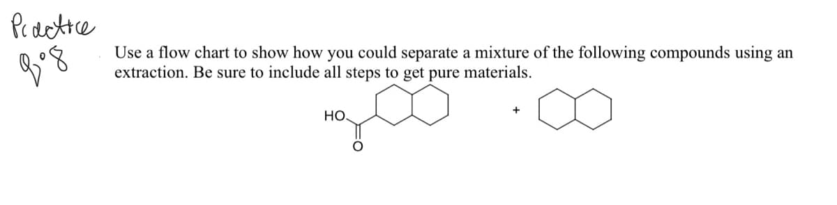 Pcdotte
Use a flow chart to show how you could separate a mixture of the following compounds using an
extraction. Be sure to include all steps to get pure materials.
НО.
