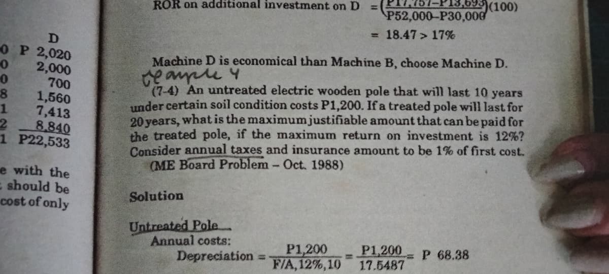 D
0 P 2,020
0
2,000
0
8
700
1,560
7,413
1
2
8.840
1 P22,533
e with the
= should be
cost of only
ROR on additional investment on D
Solution
Untreated Pole
Annual costs:
Depreciation
-
Machine D is economical than Machine B, choose Machine D.
teample y
(7-4) An untreated electric wooden pole that will last 10 years
under certain soil condition costs P1,200. If a treated pole will last for
20 years, what is the maximum justifiable amount that can be paid for
the treated pole, if the maximum return on investment is 12%?
Consider annual taxes and insurance amount to be 1% of first cost.
(ME Board Problem - Oct. 1988)
P1,200
F/A, 12%, 10
-P13,695)(100)
P52,000-P30,000
= 18.47> 17%
P1,200
17.5487
-= P 68.38