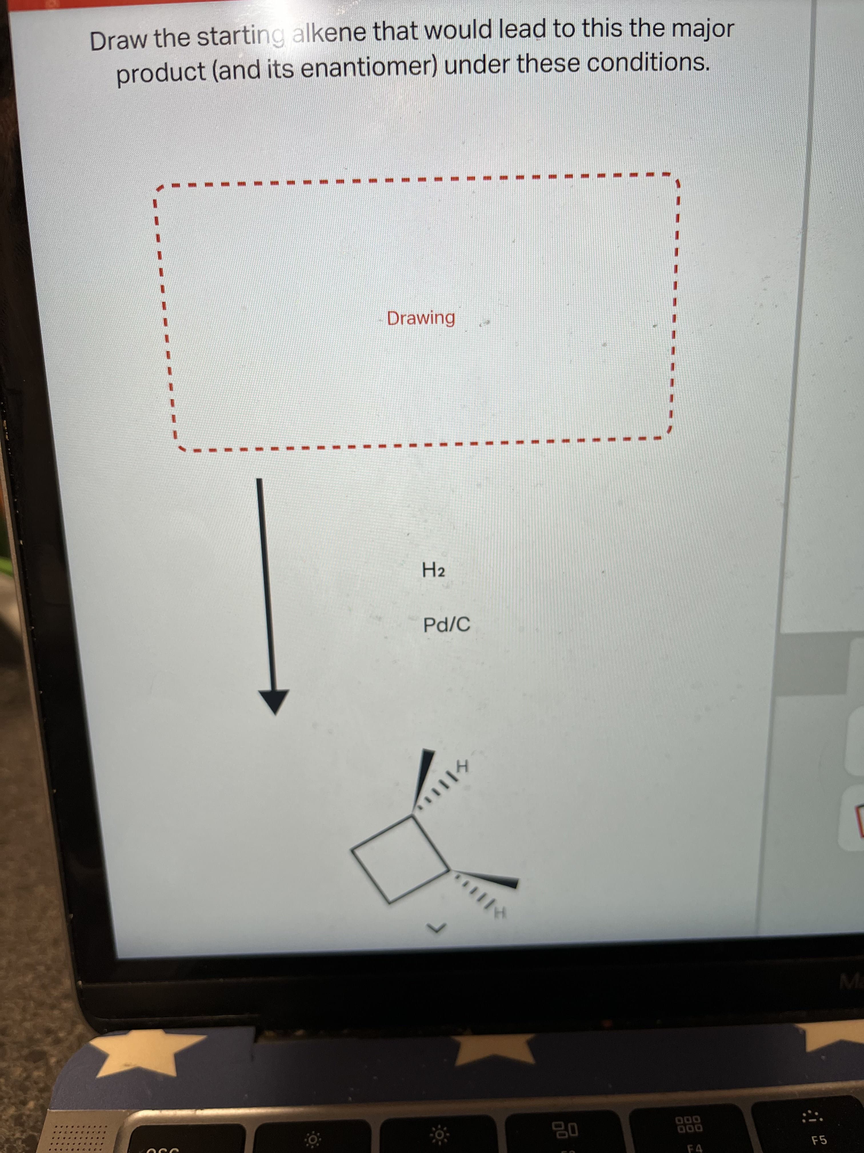 Draw the starting alkene that would lead to this the major
product (and its enantiomer) under these conditions.
Drawing
H2
Pd/C
OD0
000
F5
F4
