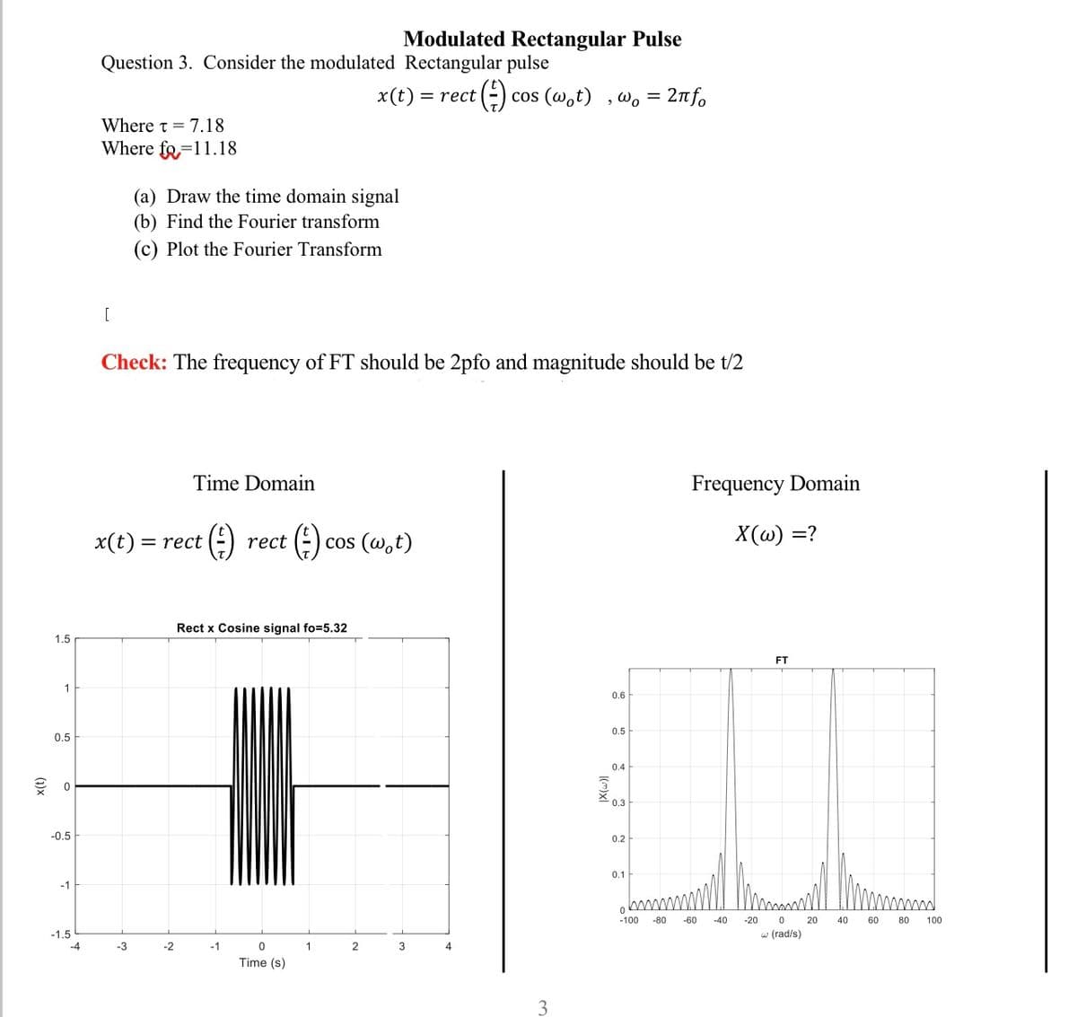 1.5
1
0.5
0
-0.5
-1
-1.5
-4
Question 3. Consider the modulated Rectangular pulse
Where t = 7.18
Where fo=11.18
[
(a) Draw the time domain signal
(b) Find the Fourier transform
(c) Plot the Fourier Transform
-3
x(t) = rect
Check: The frequency of FT should be 2pfo and magnitude should be t/2
-2
Time Domain
(+) rect cos (wot)
Rect x Cosine signal fo=5.32
-1
Modulated Rectangular Pulse
0
Time (s)
x (t) = rect
1
2
3
(-) cos (wot), wo = 2πfo
4
3
0.6
0.5
0.4
3
0.3
0.2
0.1
-100
Frequency Domain
X(w) =?
-80 -60
-40
FT
-20 0
w (rad/s)
20
40
60 80 100