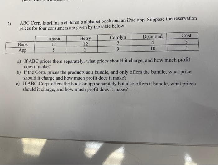 2)
ABC Corp. is selling a children's alphabet book and an iPad app. Suppose the reservation
prices for four consumers are given by the table below:
Aaron
Cost
Betsy
Carolyn
Desmond
Book
11
12
7
4
3
App
5
2
9
10
1
a) If ABC prices them separately, what prices should it charge, and how much profit
does it make?
b) If the Corp. prices the products as a bundle, and only offers the bundle, what price
should it charge and how much profit does it make?
c) If ABC Corp. offers the book or app separately but also offers a bundle, what prices
should it charge, and how much profit does it make?