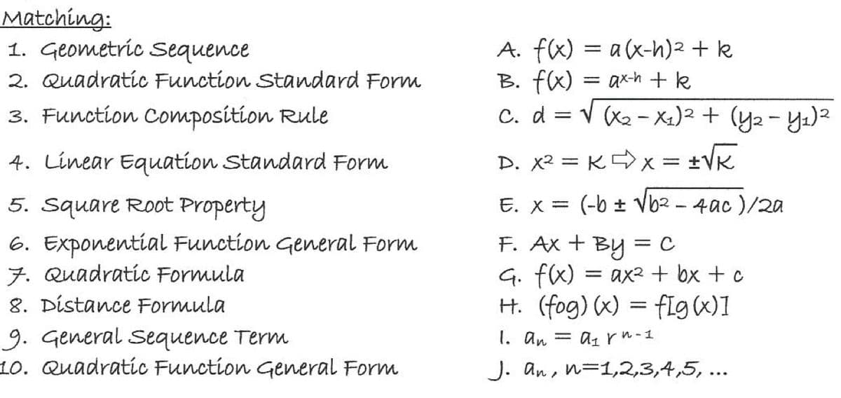 Matching:
1. Geometric Sequence
2. Quadratic Function Standard Form
3. Function Composition Rule
A. f(x) = a (x-h)2 + k
B. fx) = ax-h +k
C. d = v (x2 - x1)² + (y2 - Yı)²
4. Linear Equation Standard Form
D. X² = K>x = +VK
5. Square Root Property
E. x = (-b ± Vbz- 4ac )/2a
%3D
6. Exponential Function General Form
7. Quadratic Formula
8. Distance Formula
9. General Sequence Term
10. Quadratic Function General Form
F. AX + By = C
G. fk)
H. (fog) (x) = fIg (x)1
= ax2 + bx +c
||
1. an = az rn-1
J. an, n=1,2,3,4,5, ...
