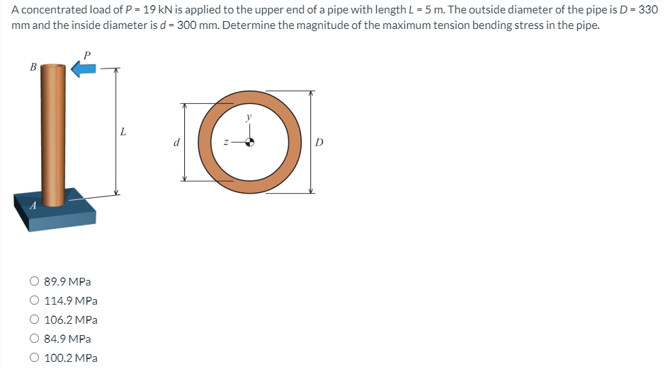 A concentrated load of P = 19 kN is applied to the upper end of a pipe with length L = 5 m. The outside diameter of the pipe is D = 330
mm and the inside diameter is d = 300 mm. Determine the magnitude of the maximum tension bending stress in the pipe.
P
B
L
D
A
89.9 MPa
O 114.9 MPa
106.2 MPa
84.9 MPa
O 100.2 MPa
