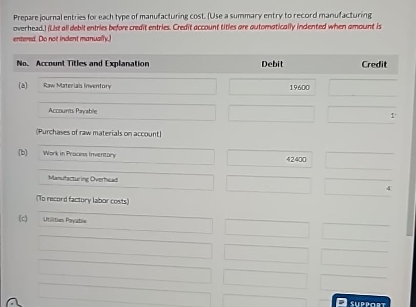 Prepare journal entries for each type of manufacturing cost. (Use a summary entry to record manufacturing
overhead.) (List all debit entries before credit entries. Credit account titles are automatically Indented when amount is
entered. Do not indent manually.)
No. Account Titles and Explanation
(a)
Raw Materials Inventory
(b)
Accounts Payable
(Purchases of raw materials on account)
Work in Process Inventory
Manufacturing Overhead
(To record factory labor costs)
(c)
Utilities Payable
Debit
19600
42400
Credit
1
