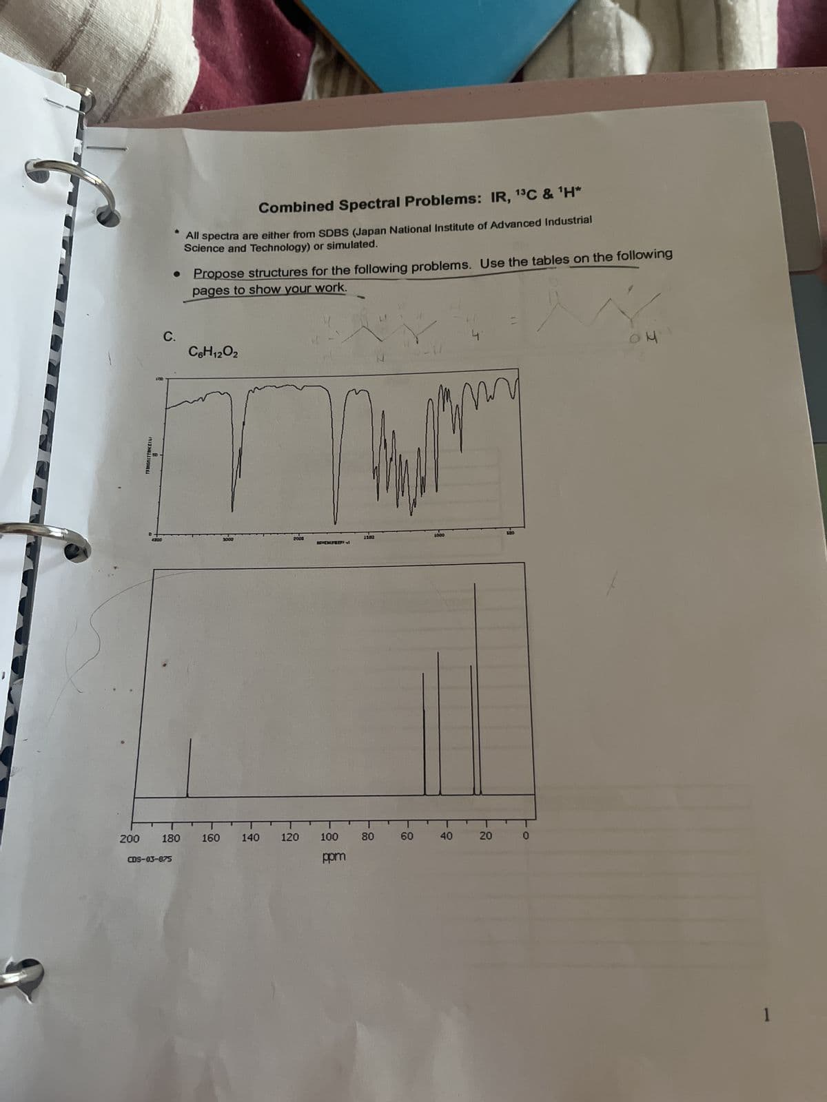 200
TRANSMITTANCEIXI
g
D
100
4800
C.
Combined Spectral Problems: IR, ¹³C & ¹H*
* All spectra are either from SDBS (Japan National Institute of Advanced Industrial
Science and Technology) or simulated.
180
CDS-03-875
Propose structures for the following problems. Use the tables on the following
pages to show your work.
C6H12O2
160
3000
140
2003
HAVENUME ERI1
120 100
ppm
1500
80
60
1000
40
4
20
500
0
ON 4
1