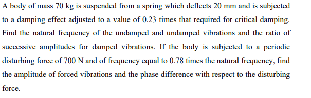 A body of mass 70 kg is suspended from a spring which deflects 20 mm and is subjected
to a damping effect adjusted to a value of 0.23 times that required for critical damping.
Find the natural frequency of the undamped and undamped vibrations and the ratio of
successive amplitudes for damped vibrations. If the body is subjected to a periodic
disturbing force of 700 N and of frequency equal to 0.78 times the natural frequency, find
the amplitude of forced vibrations and the phase difference with respect to the disturbing
force.
