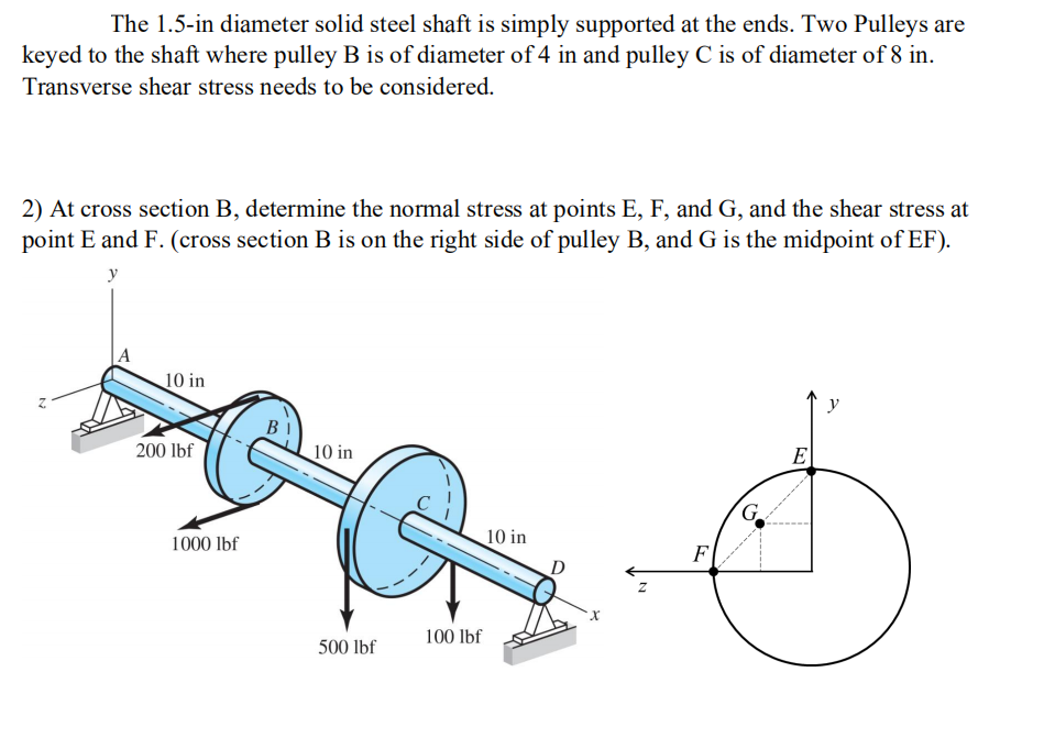 The 1.5-in diameter solid steel shaft is simply supported at the ends. Two Pulleys are
keyed to the shaft where pulley B is of diameter of 4 in and pulley C is of diameter of 8 in.
Transverse shear stress needs to be considered.
2) At cross section B, determine the normal stress at points E, F, and G, and the shear stress at
point E and F. (cross section B is on the right side of pulley B, and G is the midpoint of EF).
y
10 in
200 lbf
1000 lbf
B
10 in
500 lbf
100 lbf
10 in
Z
F
G
E
y