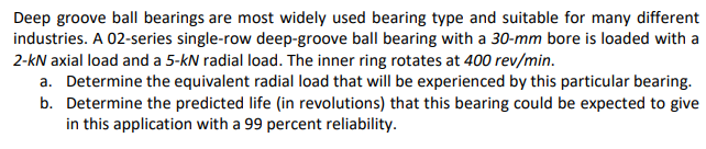 Deep groove ball bearings are most widely used bearing type and suitable for many different
industries. A 02-series single-row deep-groove ball bearing with a 30-mm bore is loaded with a
2-kN axial load and a 5-KN radial load. The inner ring rotates at 400 rev/min.
a. Determine the equivalent radial load that will be experienced by this particular bearing.
b. Determine the predicted life (in revolutions) that this bearing could be expected to give
in this application with a 99 percent reliability.