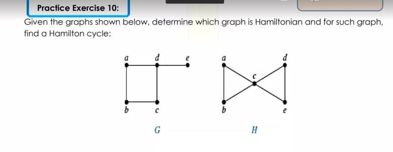 Practice Exercise 10:
Given the graphs shown below, determine which graph is Hamiltonian and for such graph,
find a Hamilton cycle:
d
G
