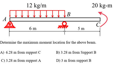 A
12 kg/m
6 m
Дв
A) 6.28 m from support C
C) 3.28 m from support A
5 m
20 kg-m
Determine the maximum moment location for the above beam.
B) 3.28 m from Support B
D) 3 m from support B