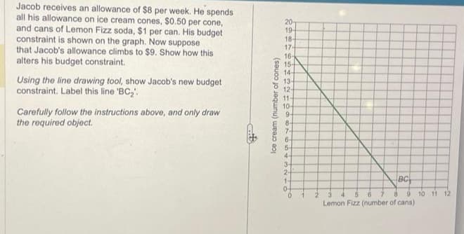 Jacob receives an allowance of $8 per week. He spends
all his allowance on ice cream cones, $0.50 per cone,
and cans of Lemon Fizz soda, $1 per can. His budget
constraint is shown on the graph. Now suppose
that Jacob's allowance climbs to $9. Show how this
alters his budget constraint.
Using the line drawing tool, show Jacob's new budget
constraint. Label this line 'BC₂'.
Carefully follow the instructions above, and only draw
the required object.
Ice cream (number of cones)
20-
19-
18-
17-
16-
15+
14-
13-
12-
11-
10-
9-
8-
7-
6-
5-
4-
3
2-
1-
0-
BC
8 9 10 11 12
6
Lemon Fizz (number of cans)