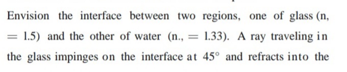 Envision the interface between two regions, one of glass (n,
= 1.5) and the other of water (n.,
1.33). A ray traveling in
the glass impinges on the interface at 45° and refracts into the
