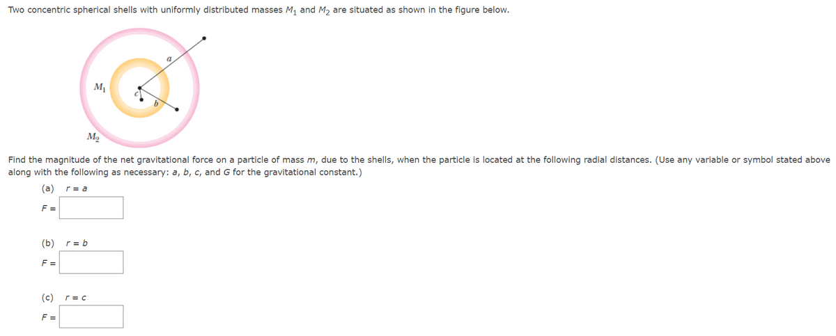 Two concentric spherical shells with uniformly distributed masses M, and M, are situated as shown in the figure below.
a
M1
M2
Find the magnitude of the net gravitational force on a particle of mass m, due to the shells, when the particle is located at the following radial distances. (Use any variable or symbol stated above
along with the following as necessary: a, b, c, and G for the gravitational constant.)
(a)
r = a
F =
(b)
r = b
F =
(c)
r = c
F =
