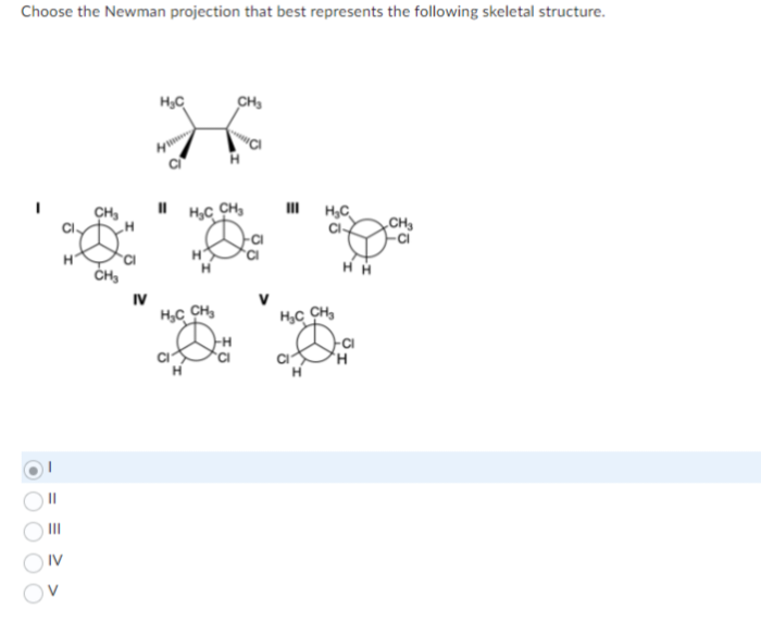 Choose the Newman projection that best represents the following skeletal structure.
Ш
IV
н
CH3
H₂C
CH
р
IV
НС СН
НС СН
Н.С
CH3
Η