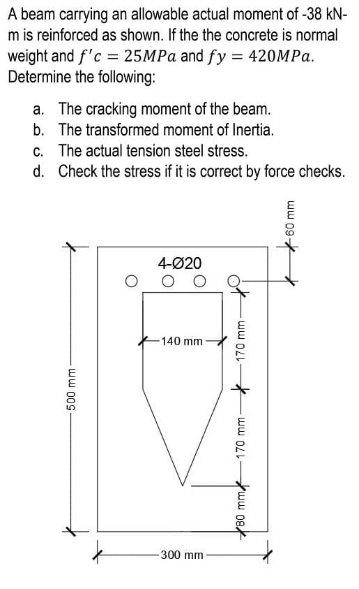 A beam carrying an allowable actual moment of -38 KN-
m is reinforced as shown. If the the concrete is normal
weight and f'c = 25MPa and fy = 420MPa.
Determine the following:
a. The cracking moment of the beam.
b. The transformed moment of Inertia.
c. The actual tension steel stress.
d. Check the stress if it is correct by force checks.
mm
www.009
4-020
О
140 mm
300 mm
170 mm
*
170 mm:
ww.08
✓ 60 mm