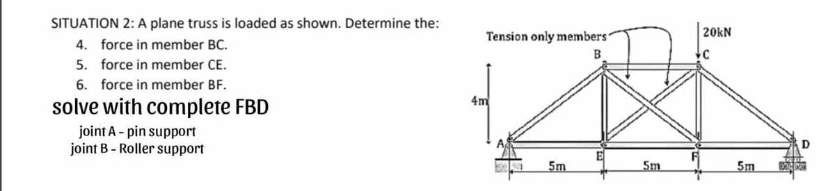 20kN
B
C
SITUATION 2: A plane truss is loaded as shown. Determine the:
4. force in member BC.
5. force in member CE.
6. force in member BF.
solve with complete FBD
joint A pin support
joint B-Roller support
4m
Tension only members'
D
E
5m
5m
5m