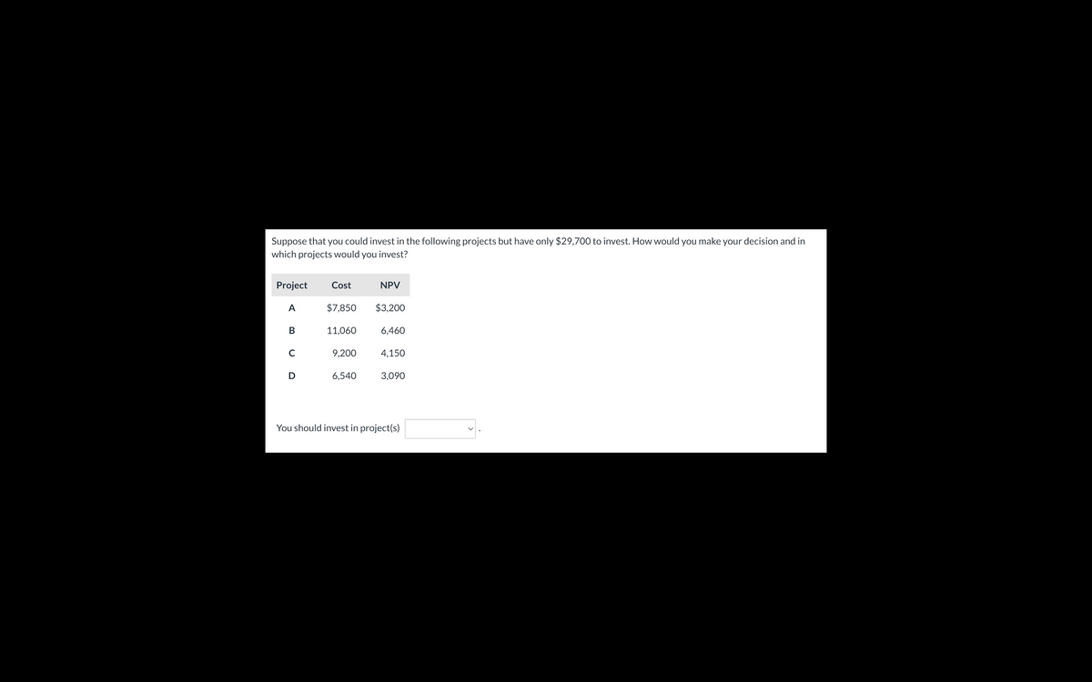 Suppose that you could invest in the following projects but have only $29,700 to invest. How would you make your decision and in
which projects would you invest?
Project Cost
A
$7,850
B
C
D
11,060
9,200
6,540
NPV
$3,200
6,460
4,150
3,090
You should invest in project(s)