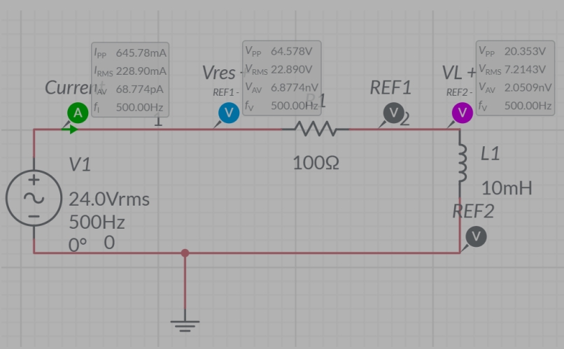 Ipp 645.78MA
Vpp 64.578V
Vpp 20.353V
IRMS 228.90mA
Curreil 68.774PA
Vres -VRMS 22.890V
VAV 6.8774nV
VL +VRMS 7.2143V
VAV 2.0509nV
500.00HZ
REF1
REF1-
REF2 -
fv 500.00HZ!
fv
V
500.00HZ
A
L1
V1
1002
10mH
24.0Vrms
REF2
500HZ
V
0° 0
