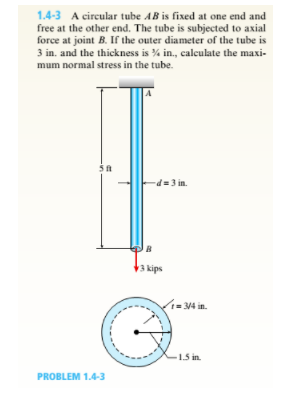 1.4-3 A circular tube AB is fixed at one end and
free at the other end. The tube is subjected to axial
force at joint B. If the outer diameter of the tube is
3 in. and the thickness is % in., calculate the maxi-
mum normal stress in the tube.
d= 3 in.
3 kips
i= ¥4 in.
1.5 in.
PROBLEM 1.4-3
