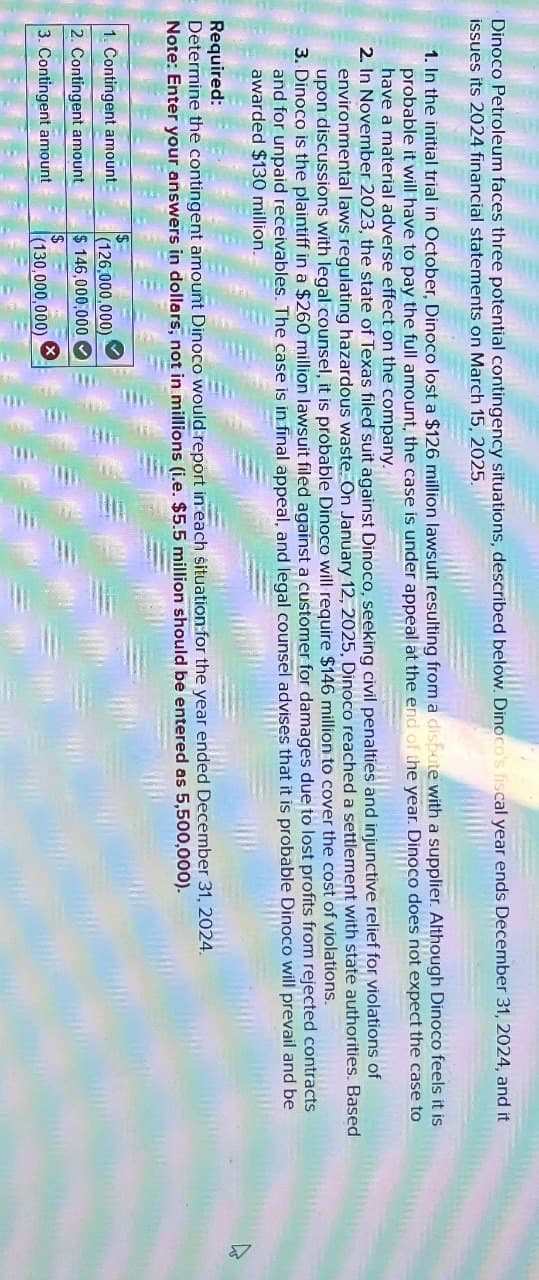 Dinoco Petroleum faces three potential contingency situations, described below. Dinoco's fiscal year ends December 31, 2024, and it
issues its 2024 financial statements on March 15, 2025.
1. In the initial trial in October, Dinoco lost a $126 million lawsuit resulting from a dispute with a supplier. Although Dinoco feels it is
probable it will have to pay the full amount, the case is under appeal at the end of the year. Dinoco does not expect the case to
have a material adverse effect on the company.
2. In November 2023, the state of Texas filed suit against Dinoco, seeking civil penalties and injunctive relief for violations of
environmental laws regulating hazardous waste. On January 12, 2025, Dinoco reached a settlement with state authorities. Based
upon discussions with legal counsel, it is probable Dinoco will require $146 million to cover the cost of violations.
3. Dinoco is the plaintiff in a $260 million lawsuit filed against a customer for damages due to lost profits from rejected contracts
and for unpaid receivables. The case is in final appeal, and legal counsel advises that it is probable Dinoco will prevail and be
awarded $130 million.
Required:
Determine the contingent amount Dinoco would report in each situation for the year ended December 31, 2024.
Note: Enter your answers in dollars, not in millions (i.e. $5.5 million should be entered as 5,500,000).
1. Contingent amount
2. Contingent amount
3. Contingent amount
(126,000,000)
$146,000,000
$ =
(130,000,000)