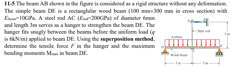 11-5 The beam AB shown in the figure is considered as a rigid structure without any deformation.
The simple beam DE is a rectanglular wood beam (100 mmx300 mm in cross section) with
Ebeam 10GPa. A steel rod AC (Erod-200GPa) of diameter 6mm
and length 3m serves as a hanger to strengthen the beam DE. The
hanger fits snugly between the beams before the uniform load (q
is 6kN/m) applied to beam DE. Using the superposition method,
determine the tensile force F in the hanger and the maximum
bending moments Mmax in beam DE.
D
6 kN/m
Wood beam
3 m
-Steel rod
3 m
E
3m