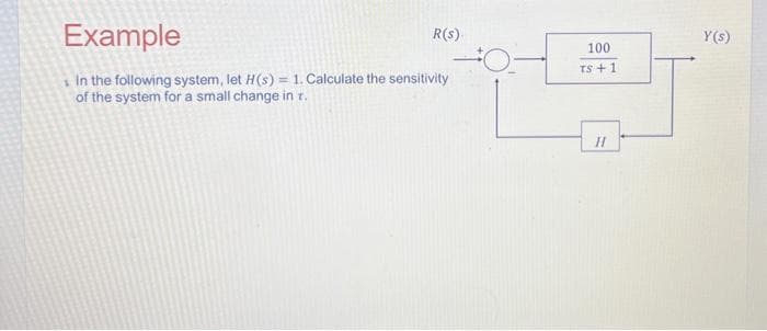 Example
In the following system, let H(s) = 1. Calculate the sensitivity
of the system for a small change in t.
R(S).
100
TS +1
H
Y(s)